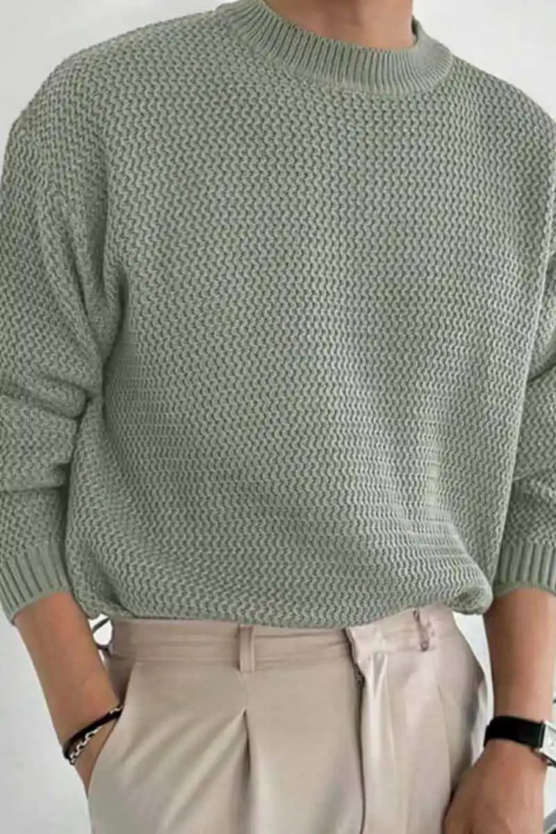 Design Textured Knit Crewneck Sweater Beige - 11