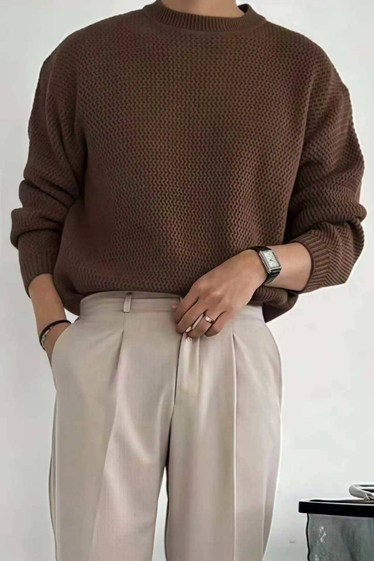 Design Textured Knit Crewneck Sweater Beige - 20