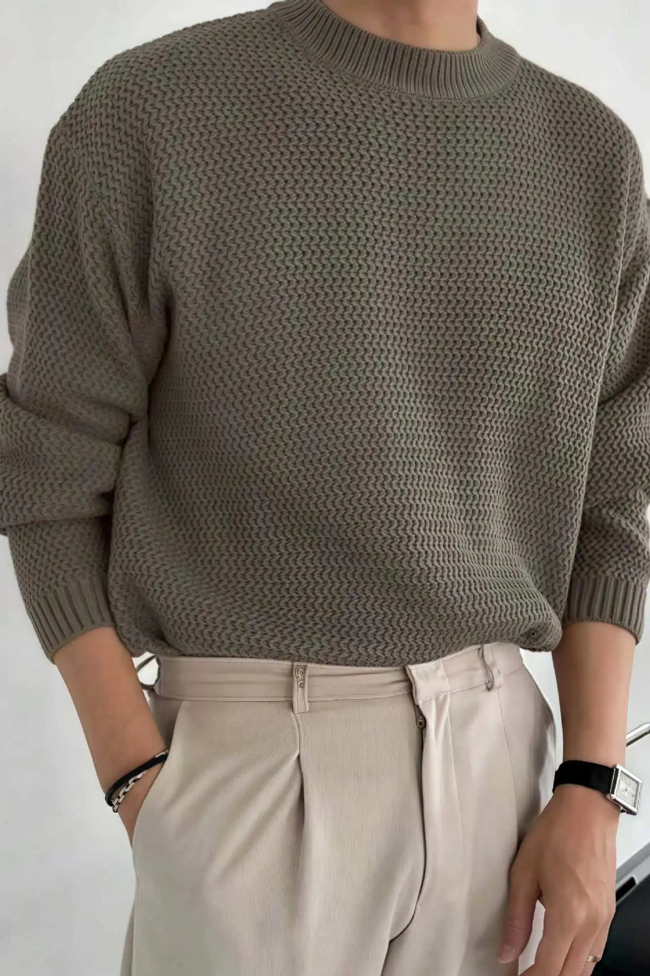 Design Textured Knit Crewneck Sweater Beige - 41