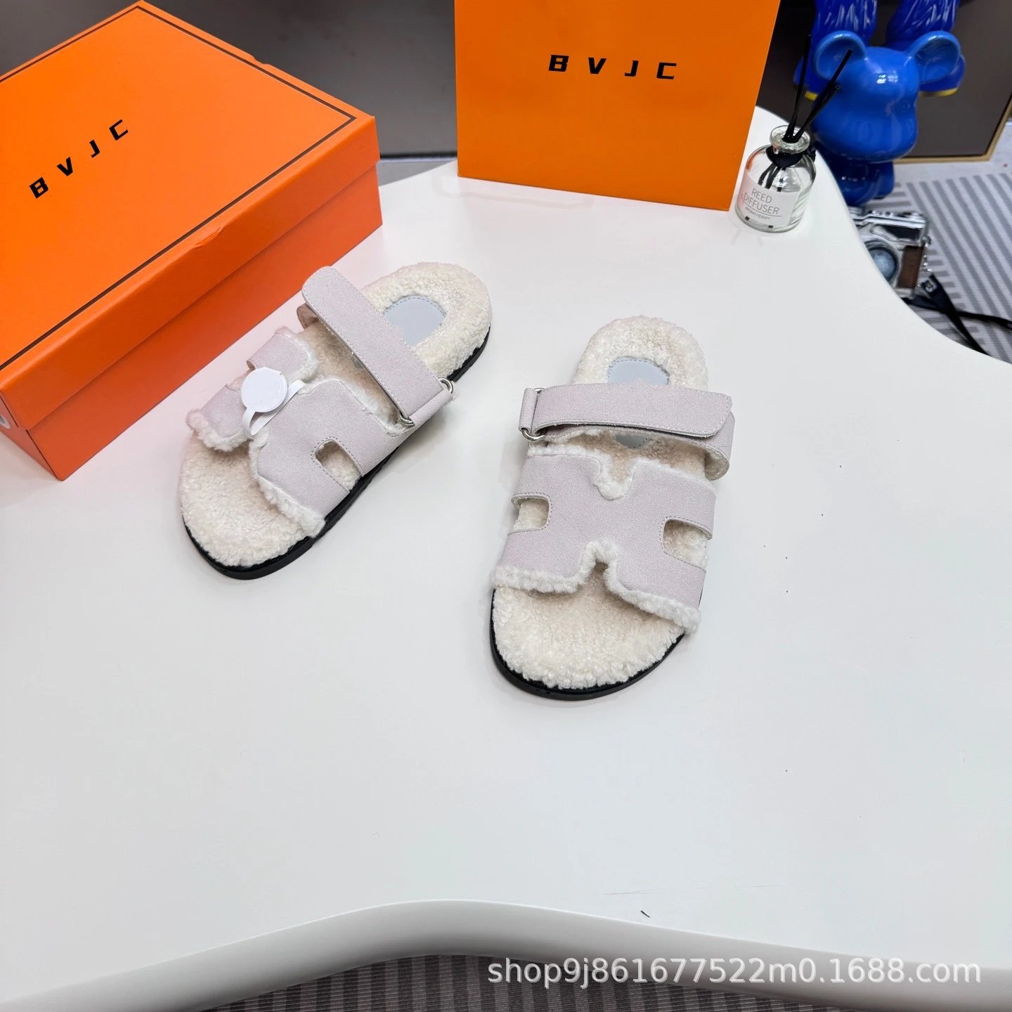 Hermès Oran Shearling Slide Sandals Black and White Slippers - 11