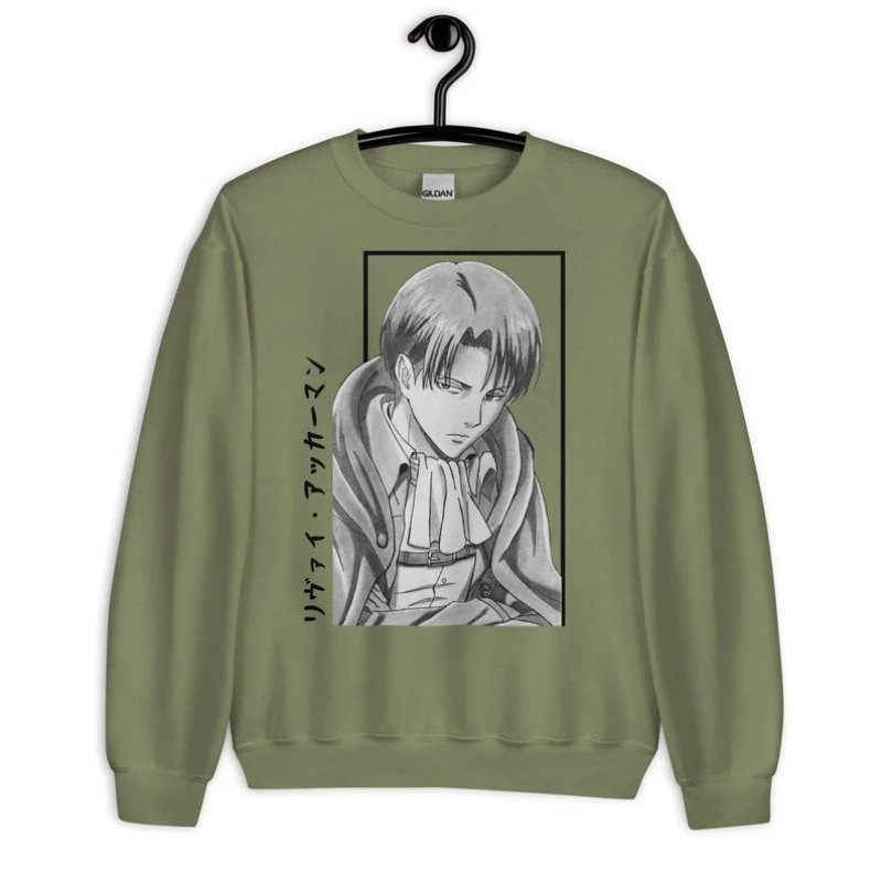 Gildan Crewneck Sweatshirt Olive Green Attack on Titan Levi Ackerman Graphic Hoodie