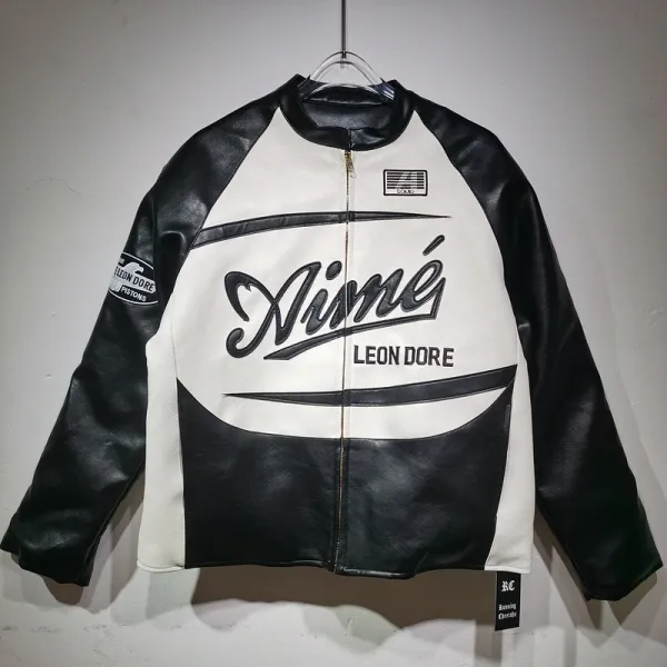 Aimé Leon Dore Leather Racing Jacket Black and White - 16