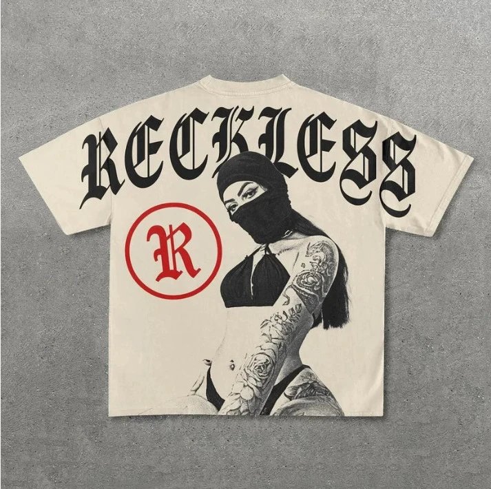 Design Reckless 'Balaclava Tattoo' Graphic T-Shirt Beige T-Shirts - 1