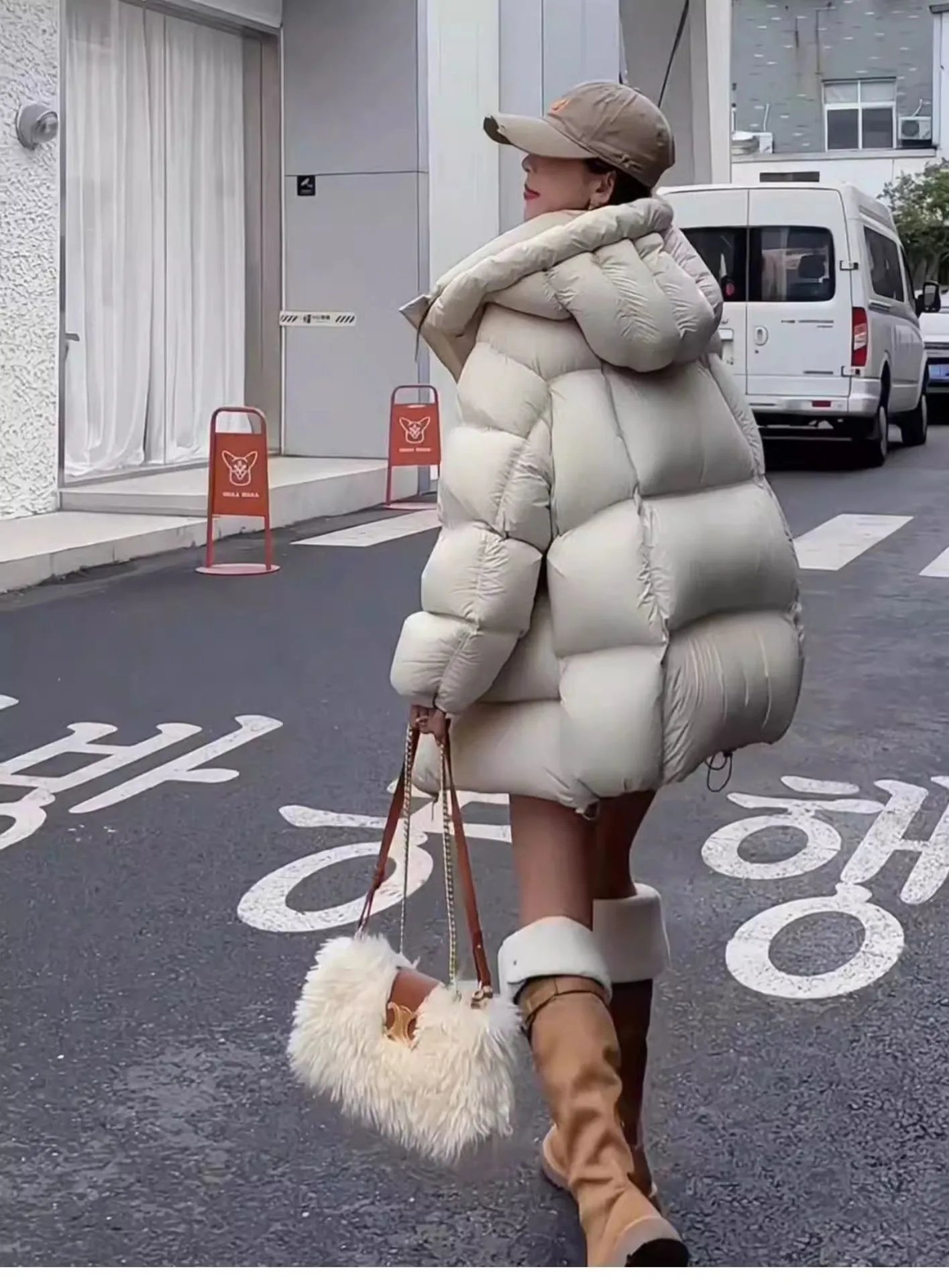 Chanel Logo Cap + Oversized Puffer Coat in Burgundy Down Jacket - 17