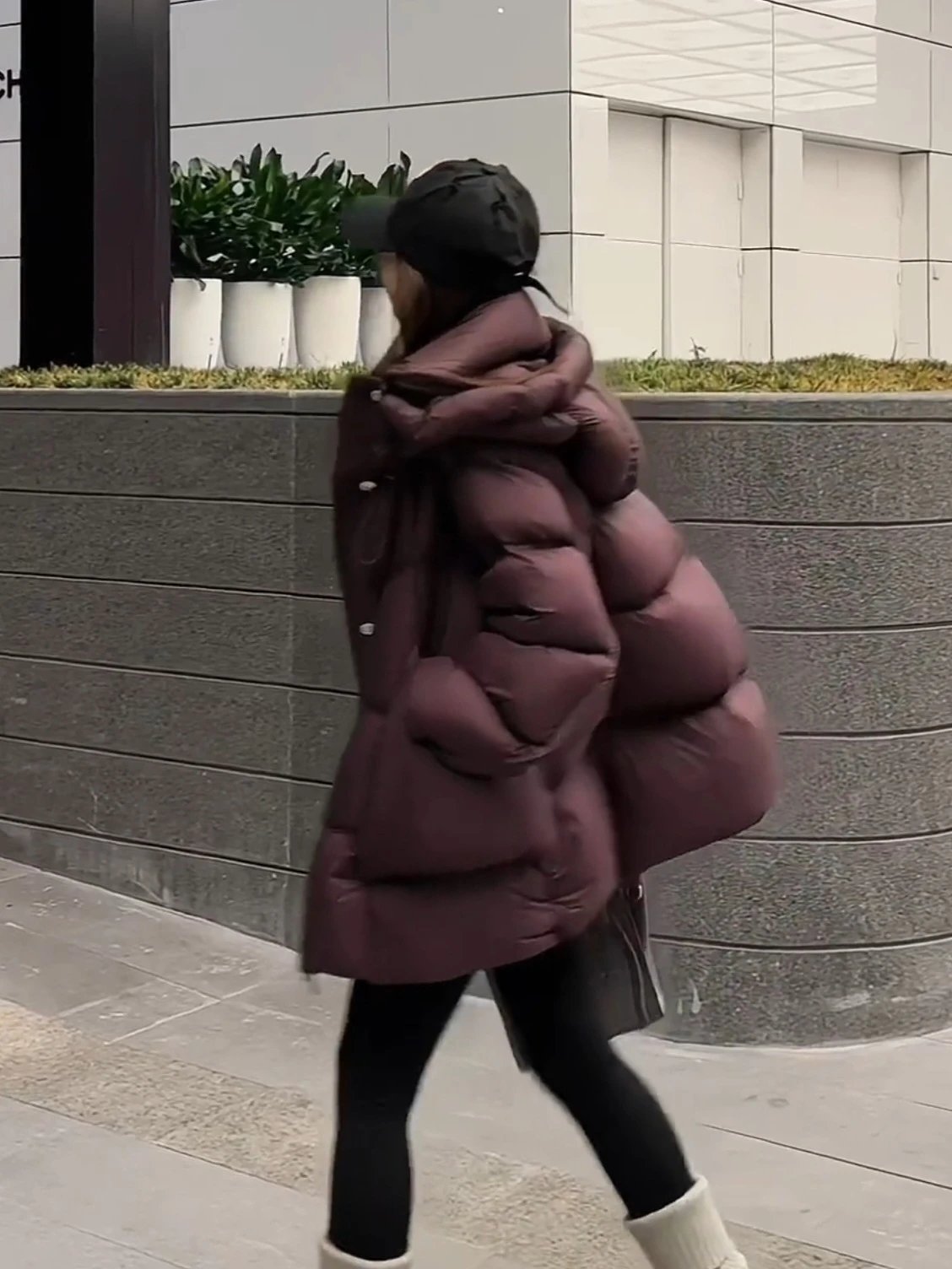 Chanel Logo Cap + Oversized Puffer Coat in Burgundy Down Jacket - 24