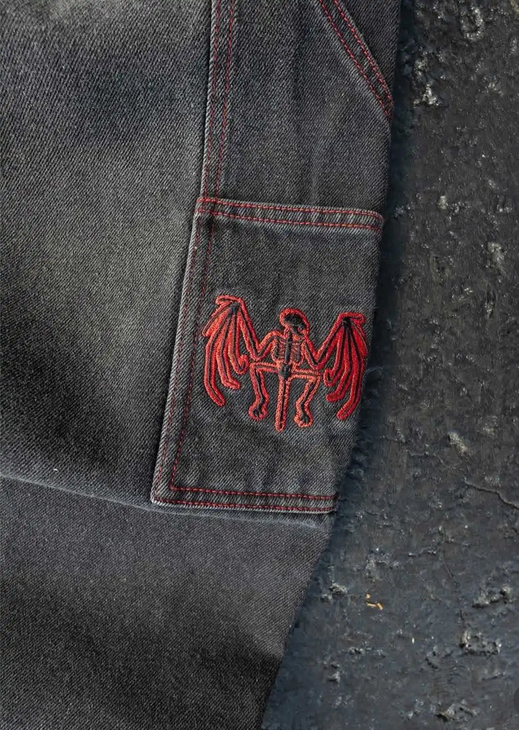 Design Wide-Leg Denim Pants with Purple Flame Embroidery and Chain Detail Jeans - 11