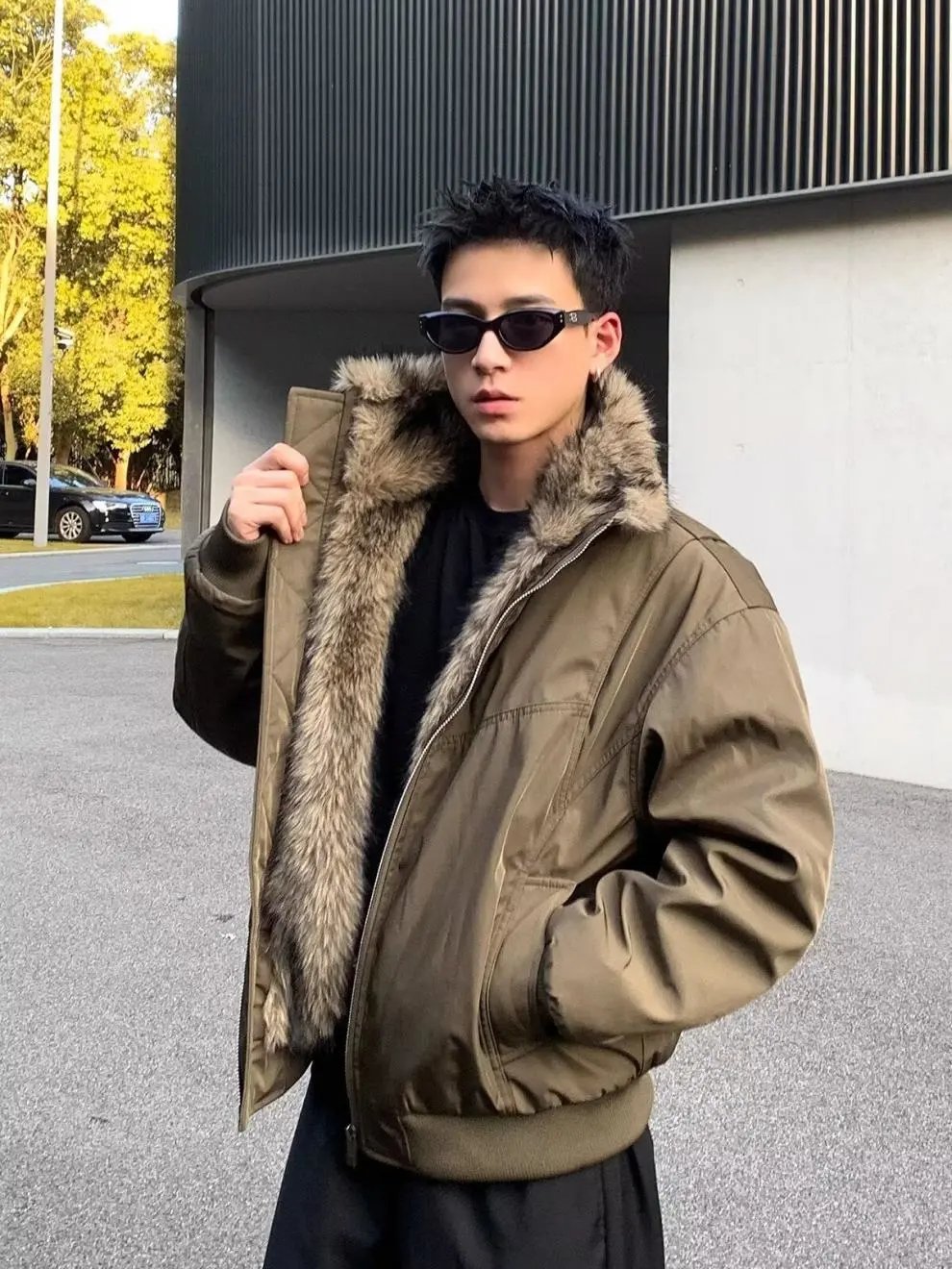Design Olive Green Faux Fur Collar Bomber Jacket Outerwear.jacket - 14