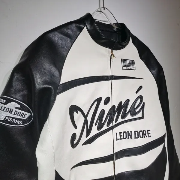 Aimé Leon Dore Leather Racing Jacket Black and White - 17