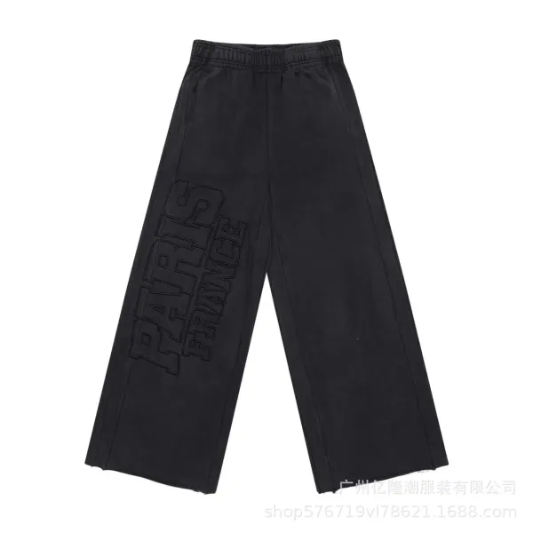 Design Paris France Embroidered Wide-Leg Sweatpants Black - 1