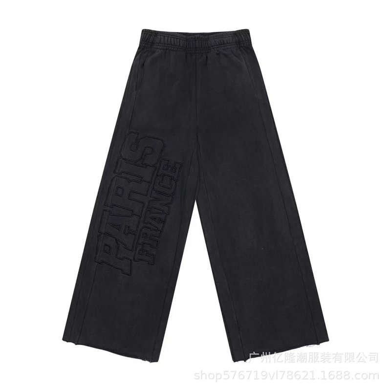 Paris France Embroidered Wide-Leg Sweatpants Black
