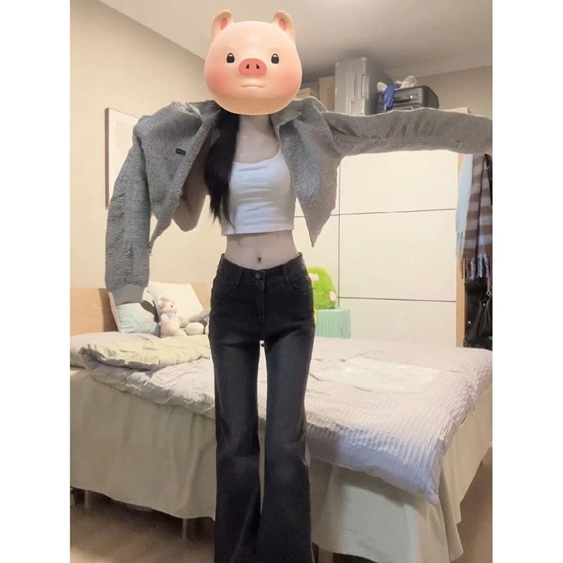 Design Cropped Knit Cardigan Gray + White Crop Top + Black Flared Jeans
