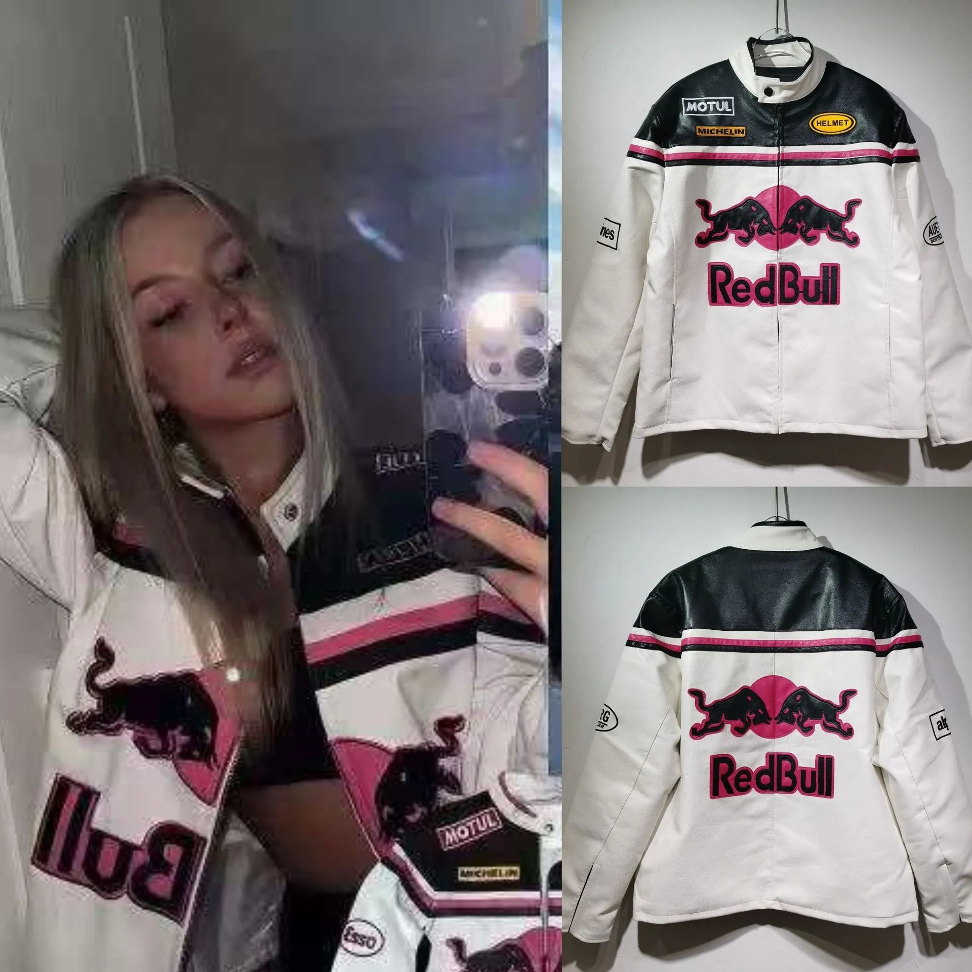 Design Red Bull Racing Inspired Leather Jacket White Pink Black Leather Jacket - 1