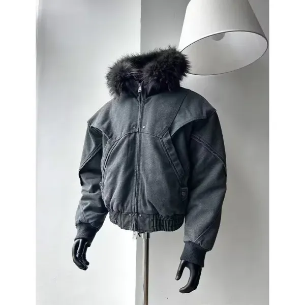 Design Bomber Jacket with Faux Fur Hood Gray Outerwear - 4