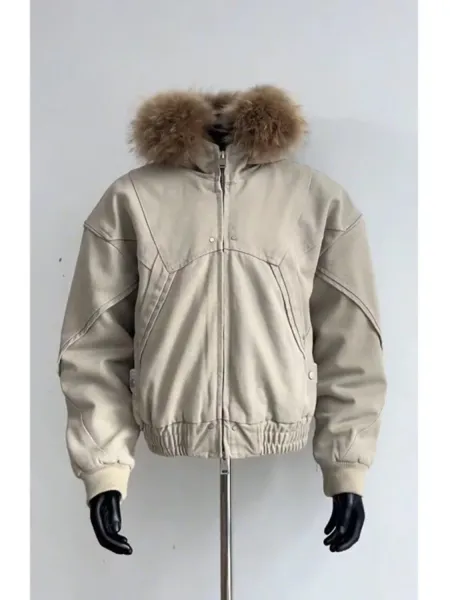 Design Bomber Jacket with Faux Fur Hood Gray Outerwear - 3