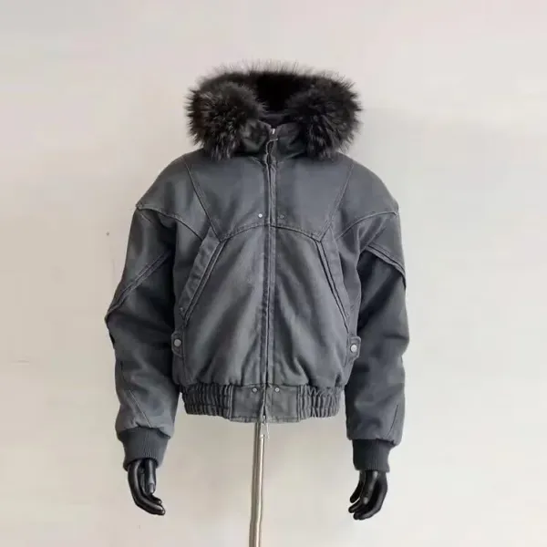 Design Bomber Jacket with Faux Fur Hood Gray Outerwear - 1