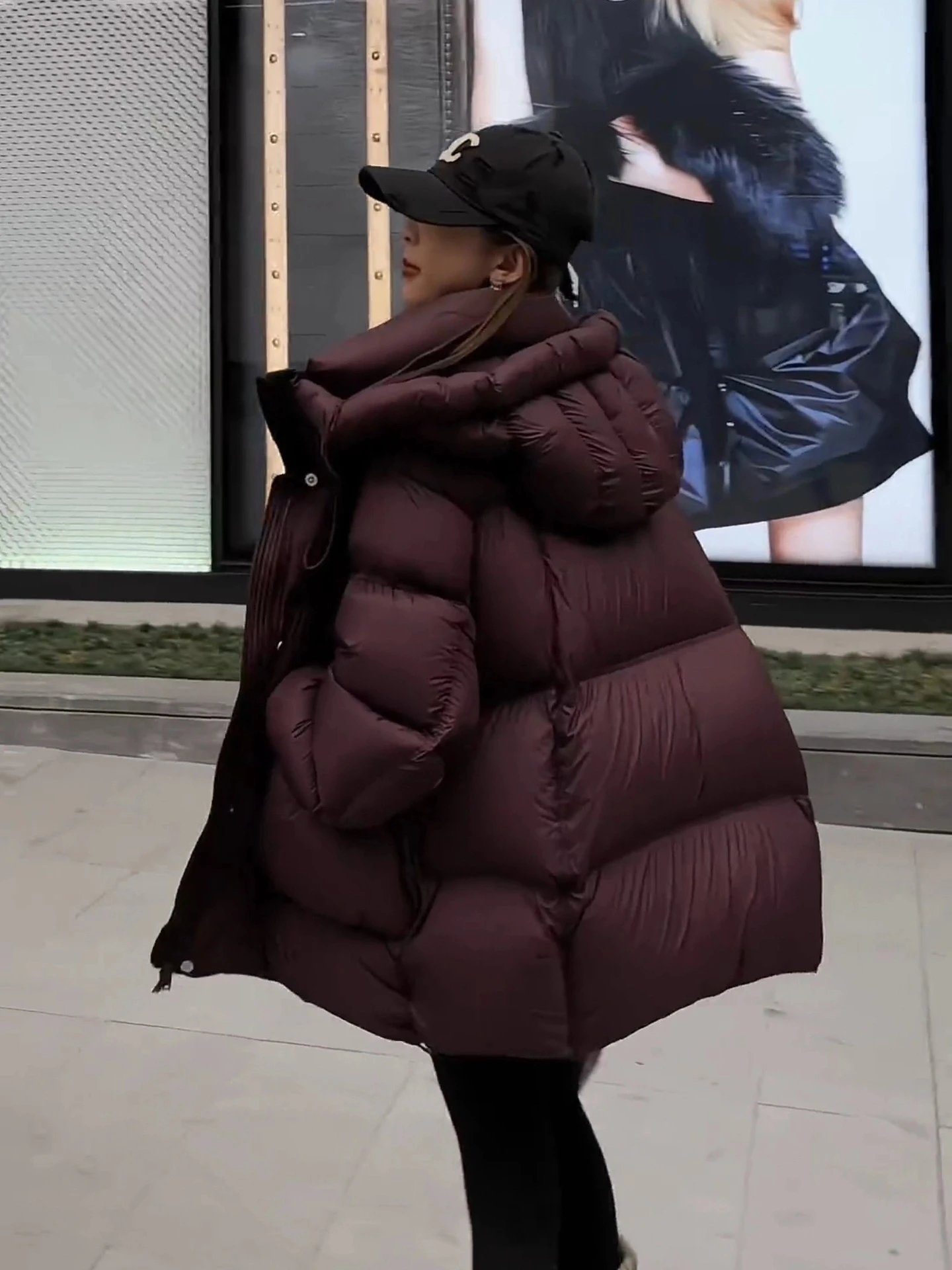 Chanel Logo Cap + Oversized Puffer Coat in Burgundy Down Jacket - 20