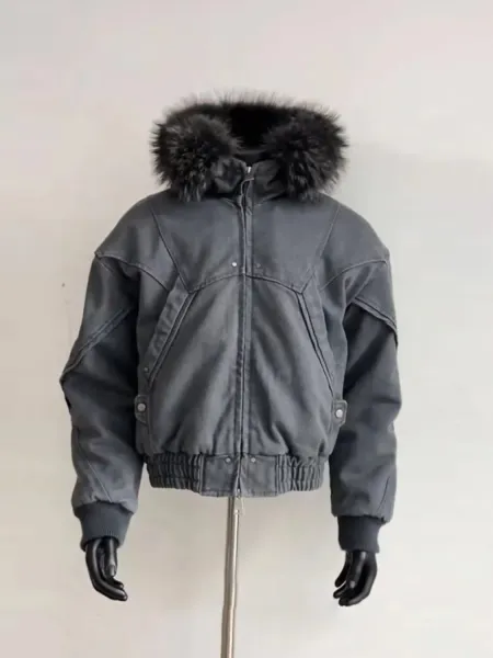 Design Bomber Jacket with Faux Fur Hood Gray Outerwear - 5