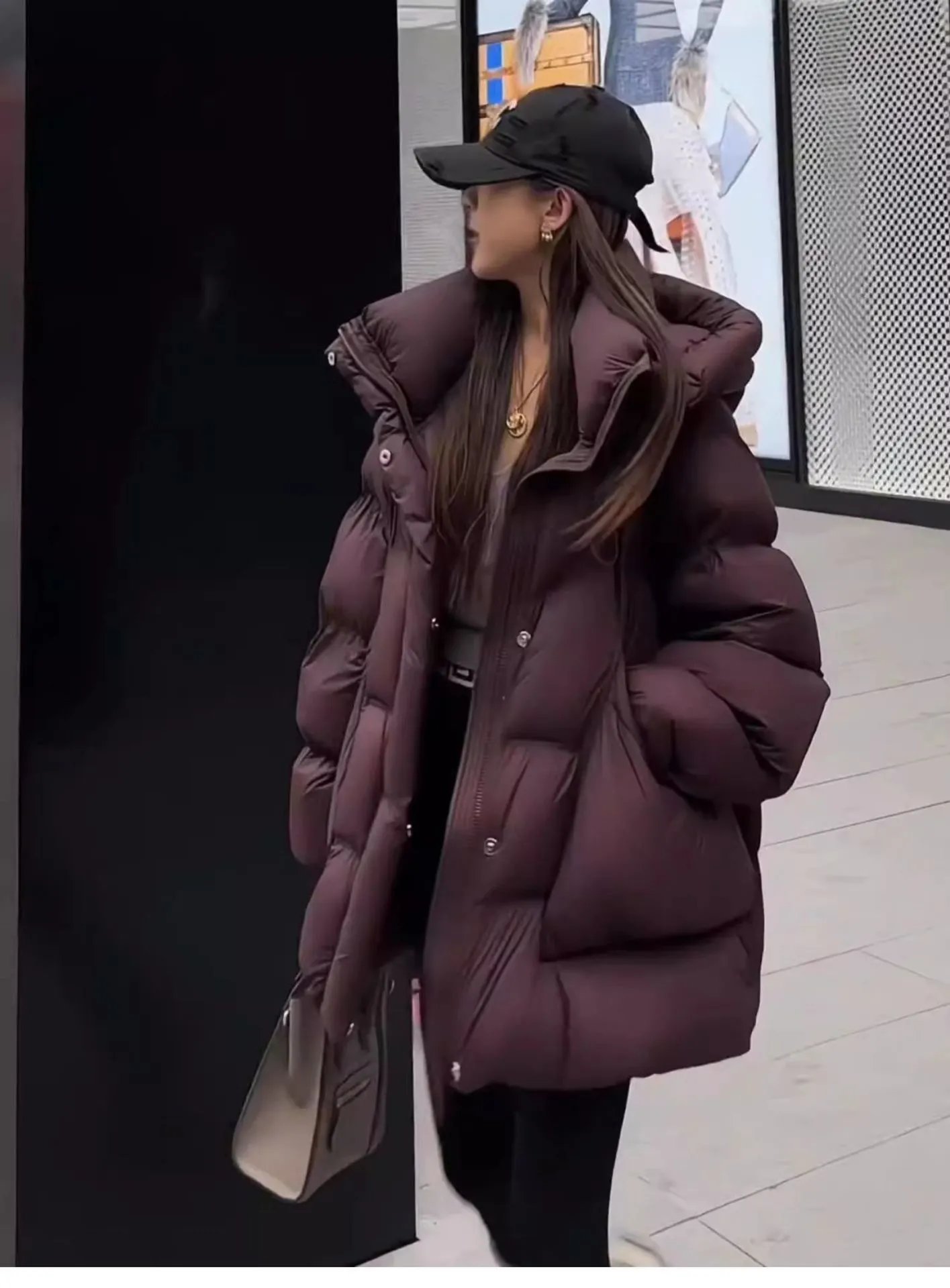 Chanel Logo Cap + Oversized Puffer Coat in Burgundy Down Jacket - 25