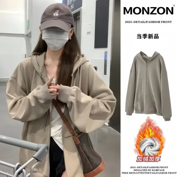 Design MONZON Fleece-Lined Zip-Up Hoodie Beige Hoodie - 1