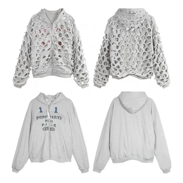 Design Distressed Mesh Hoodie and Academy Logo Hoodie Gray Set - 1