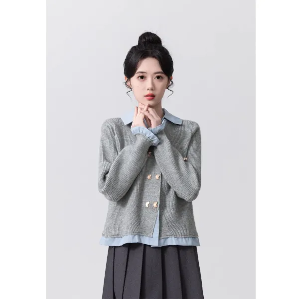 Design Knit Collar Cardigan Gray with Light Blue Shirt Layer Outerwear.cardigan - 3