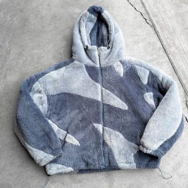 Design Fuzzy Camo Hooded Jacket Gray Multicolor Hoodie - 1