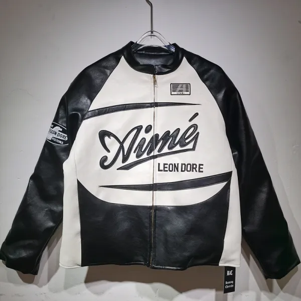Aimé Leon Dore Leather Racing Jacket Black and White - 1