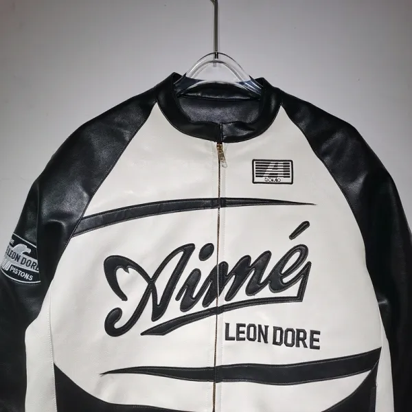 Aimé Leon Dore Leather Racing Jacket Black and White - 15