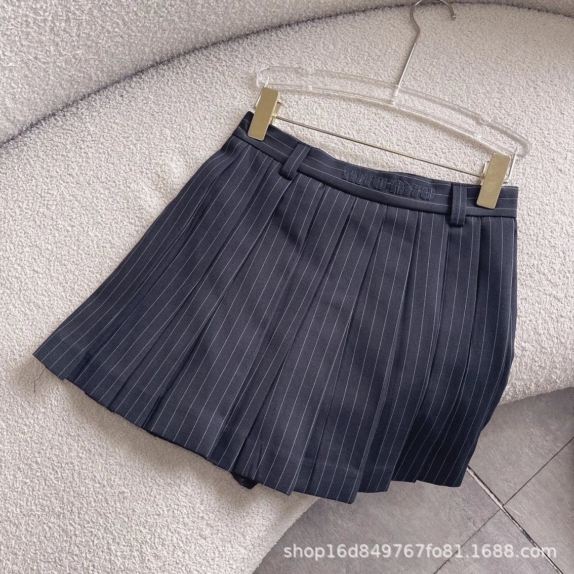 Miu Miu Pleated Pinstripe Skirt Navy