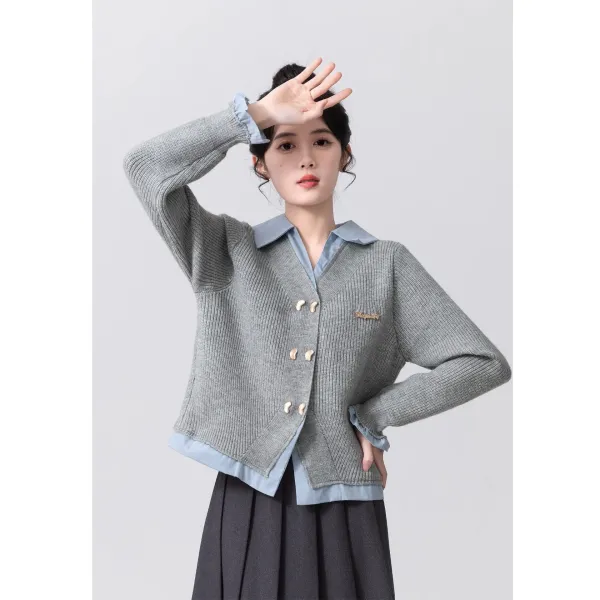 Design Knit Collar Cardigan Gray with Light Blue Shirt Layer Outerwear.cardigan - 4