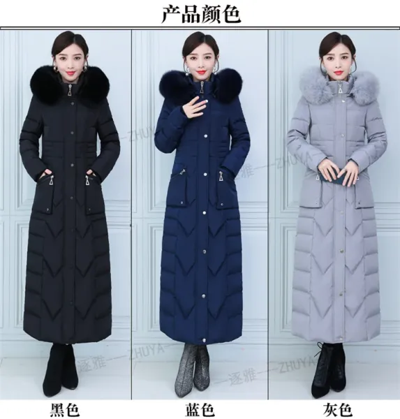 Design Long Down Coat with Fur Collar Navy Blue Down Jacket - 5