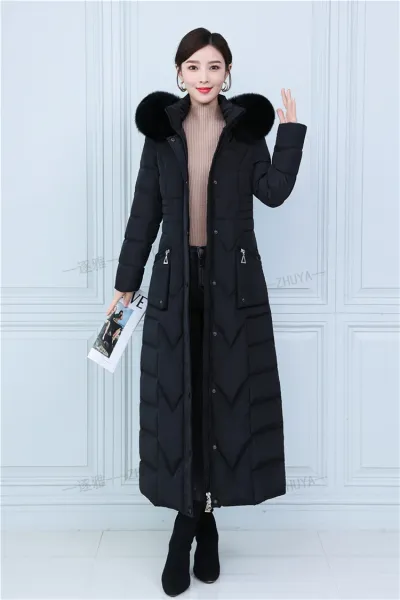 Design Long Down Coat with Fur Collar Navy Blue Down Jacket - 13