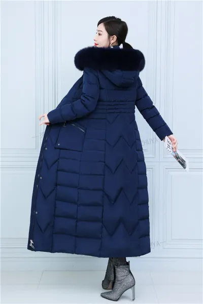 Design Long Down Coat with Fur Collar Navy Blue Down Jacket - 20