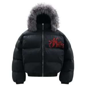 Design Puffer Jacket with Faux Fur Hood and Red Embroidered Logo Black Down-Jacket