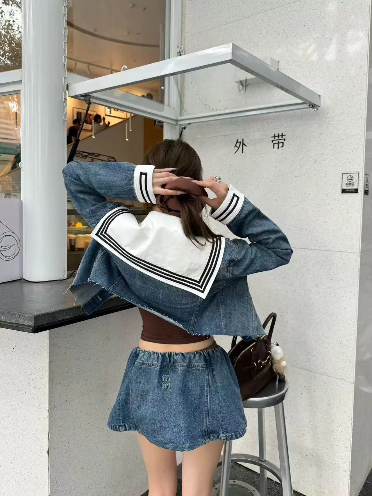 Design Denim Sailor Collar Jacket and Skirt Set in Medium Wash Blue - 4