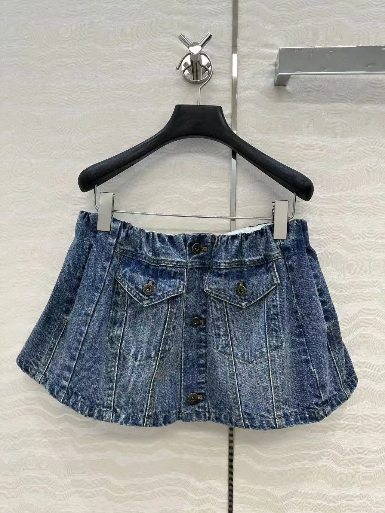 Design Denim Sailor Collar Jacket and Skirt Set in Medium Wash Blue - 11