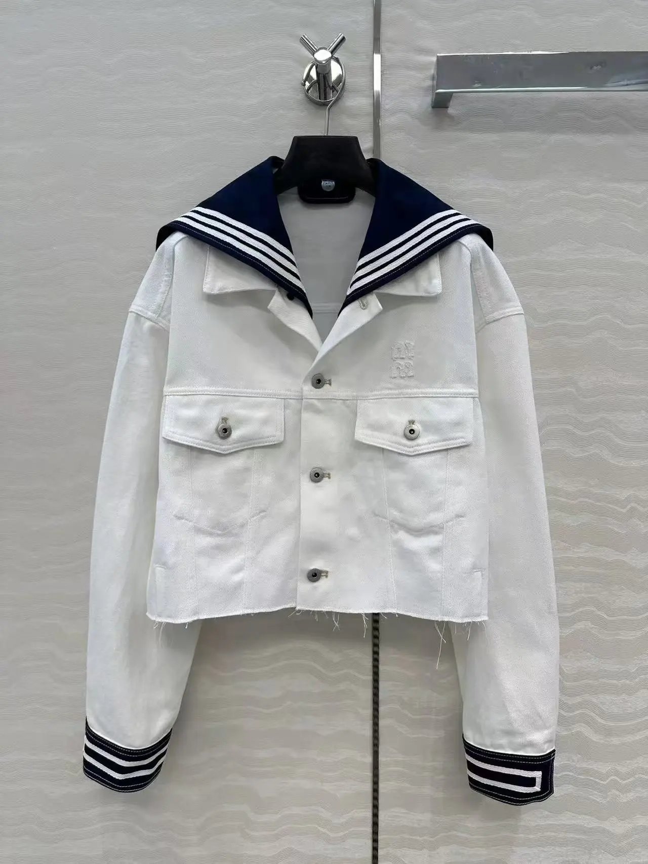 Design Denim Sailor Collar Jacket and Skirt Set in Medium Wash Blue - 8
