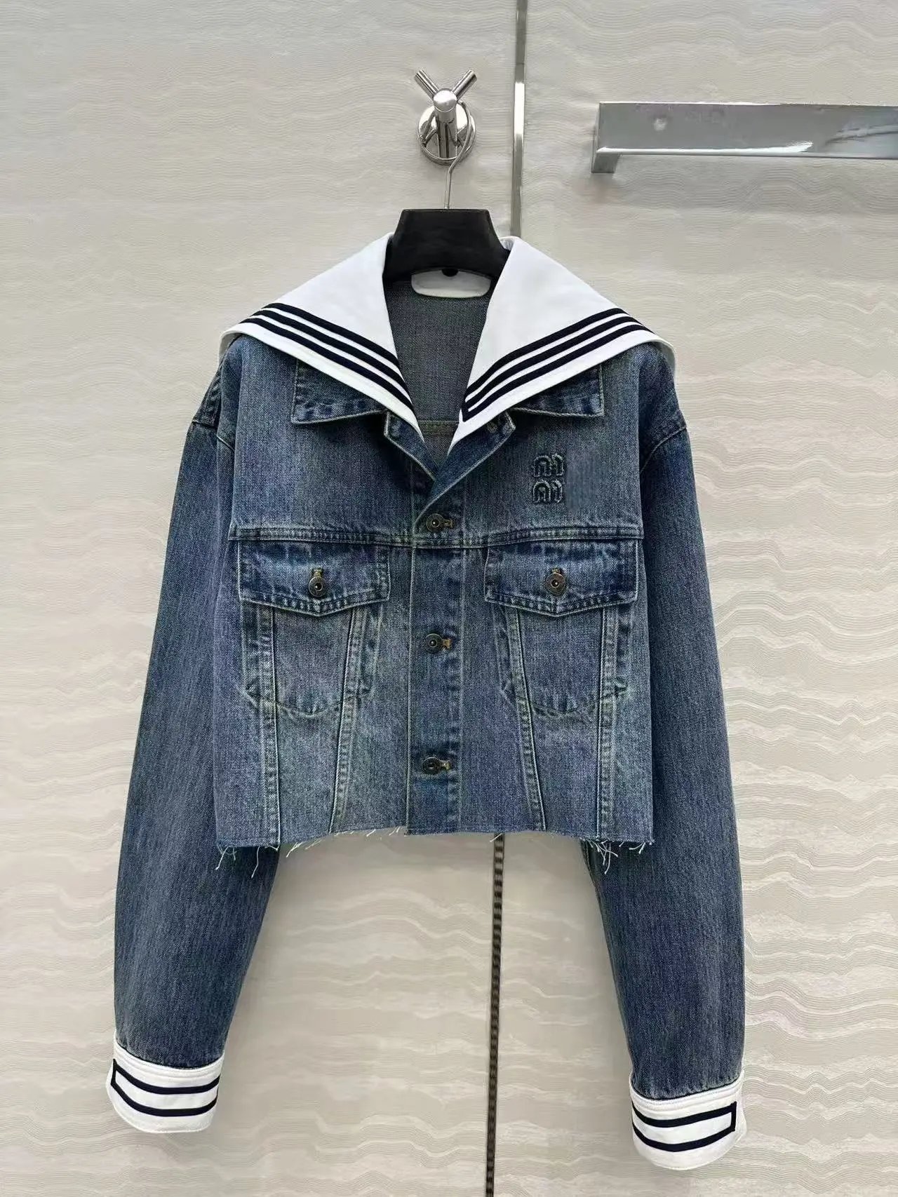 Design Denim Sailor Collar Jacket and Skirt Set in Medium Wash Blue - 10