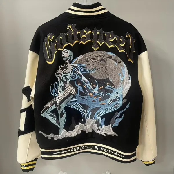 Godspeed Varsity Jacket Black and Beige Embroidered Letterman Jacket Outerwear - 7