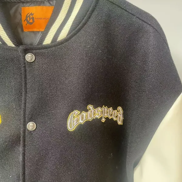 Godspeed Varsity Jacket Black and Beige Embroidered Letterman Jacket Outerwear - 10