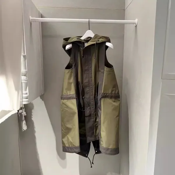 Design Hooded Vest Olive Green Technical Fabric Vest Outerwear.vest - 1