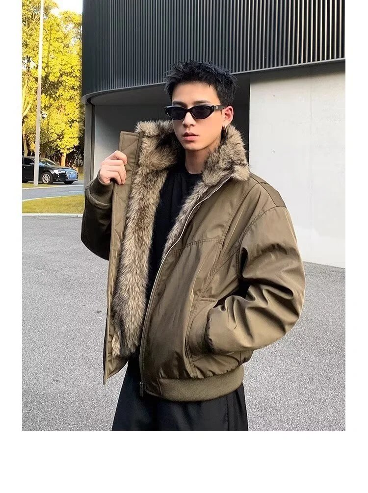Design Olive Green Faux Fur Collar Bomber Jacket Outerwear.jacket - 7