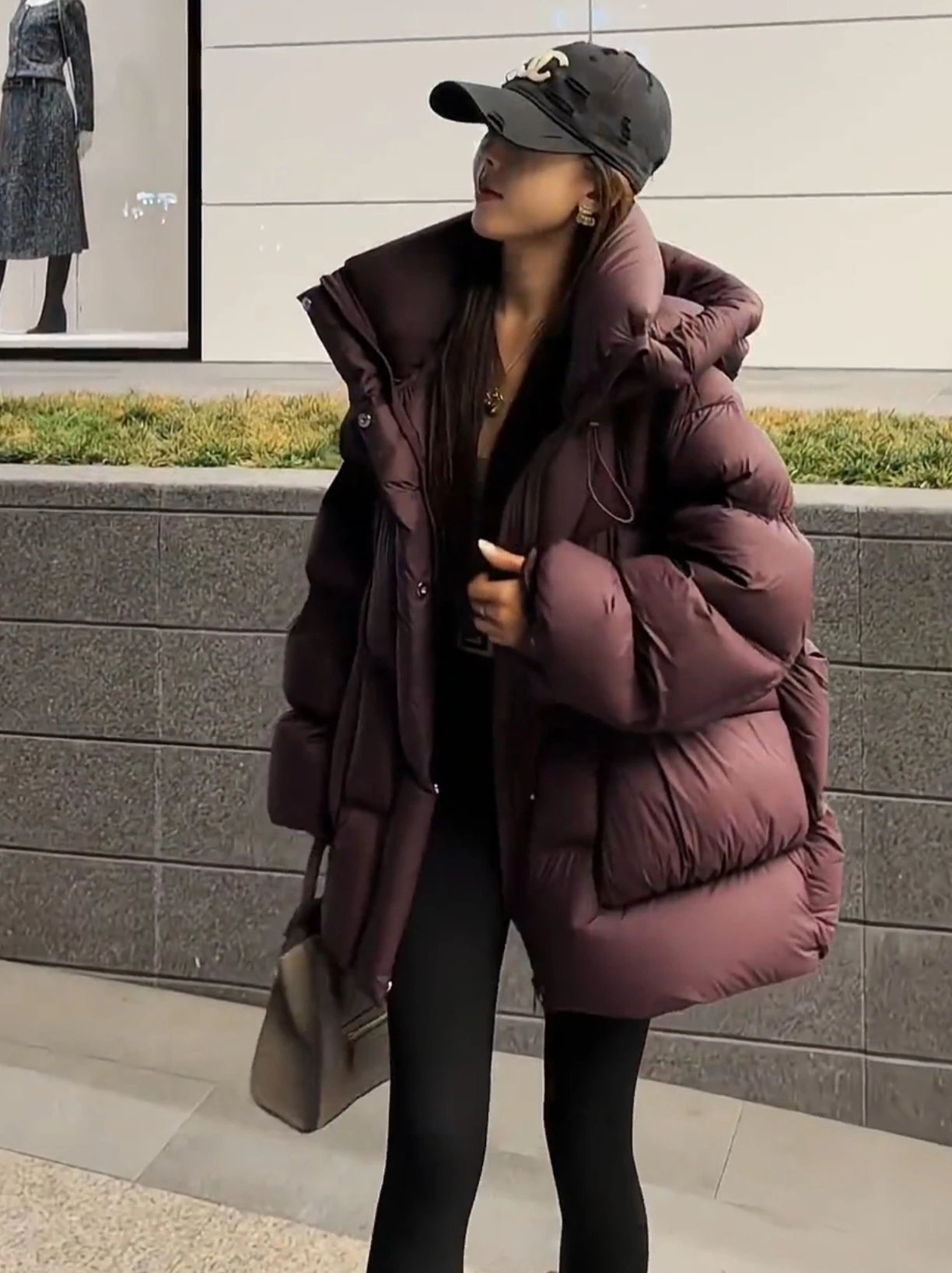 Chanel Logo Cap + Oversized Puffer Coat in Burgundy Down Jacket - 21