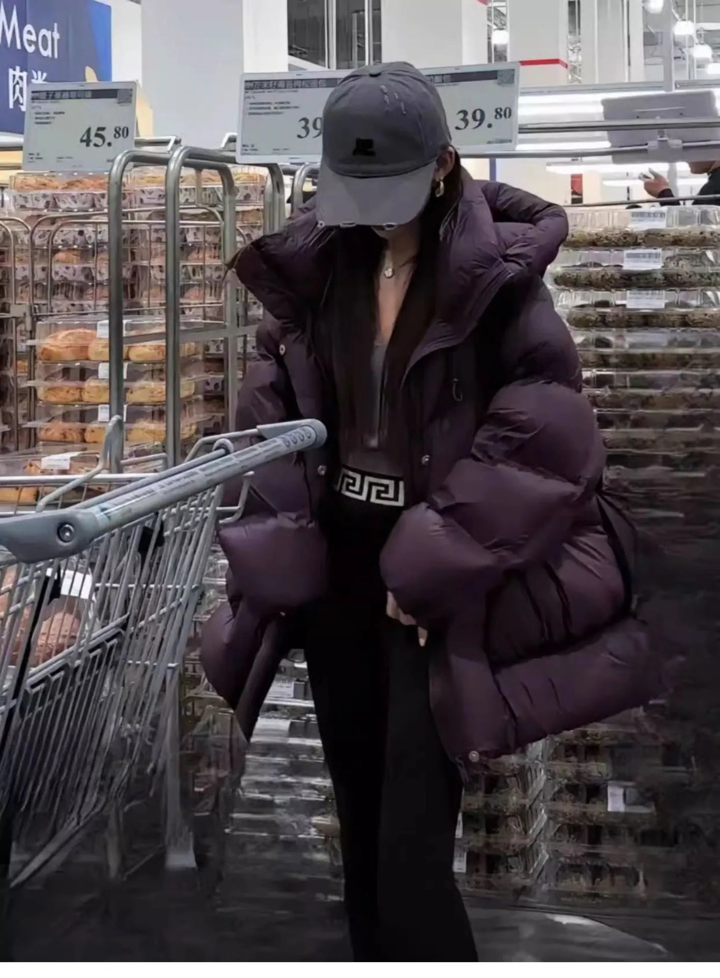 Chanel Logo Cap + Oversized Puffer Coat in Burgundy Down Jacket - 26