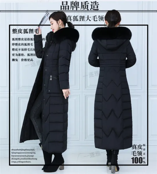 Design Long Down Coat with Fur Collar Navy Blue Down Jacket - 3