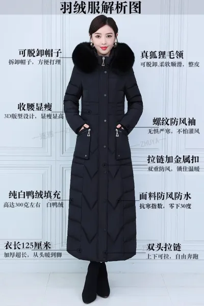 Design Long Down Coat with Fur Collar Navy Blue Down Jacket - 11