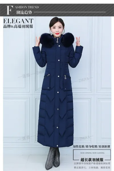 Design Long Down Coat with Fur Collar Navy Blue Down Jacket - 17