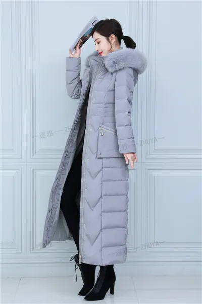 Design Long Down Coat with Fur Collar Navy Blue Down Jacket - 25