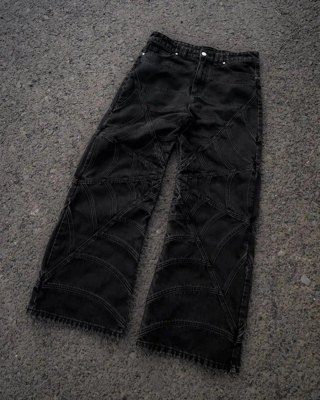 Design Spiderweb Stitched Black Wide-Leg Jeans - 15