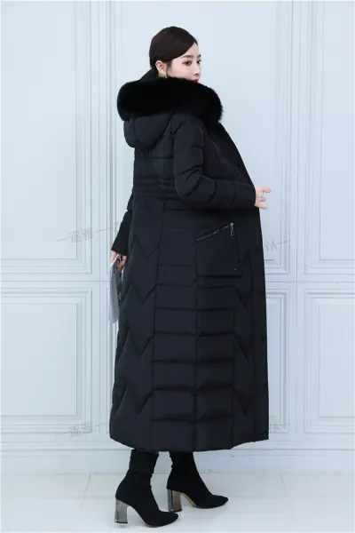 Design Long Down Coat with Fur Collar Navy Blue Down Jacket - 14